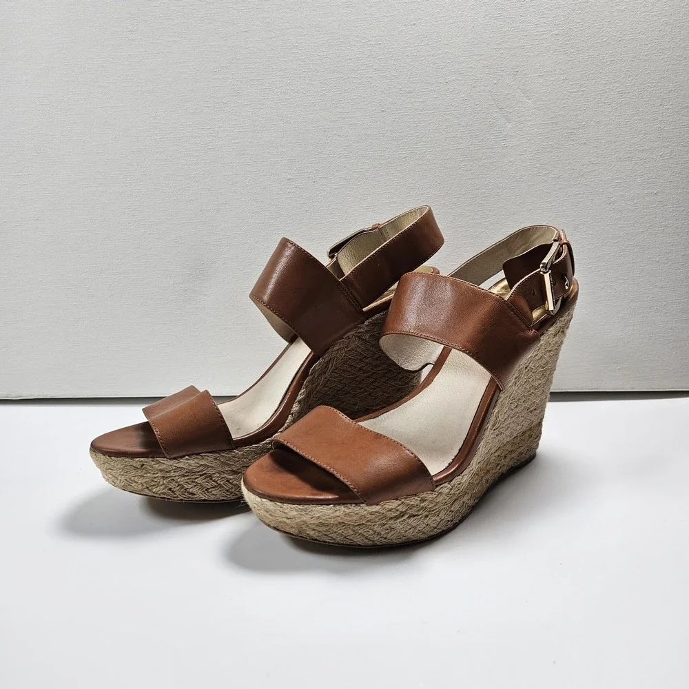 Michael Kors Women's Brown Leather Wedge Sandals Size 9.5 Ankle Strap Buckle